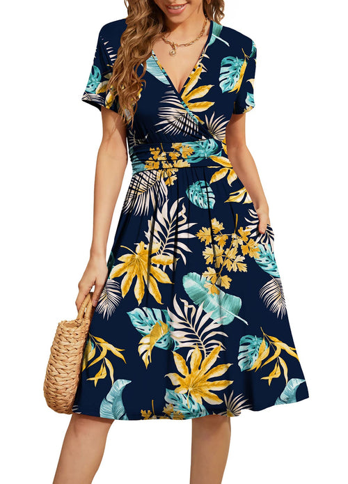 Casual  Short Sleeve V-Neck Floral Party Dress with Pockets