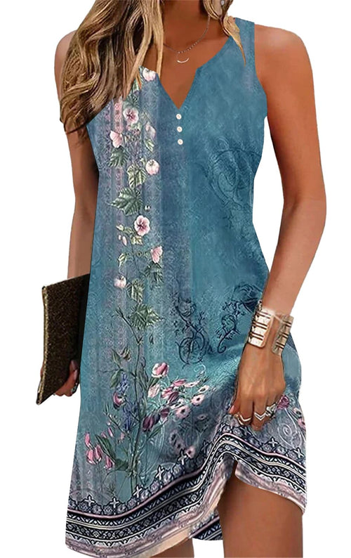 A-Line Elegant Vintage V-Neck Floral Printed Sleeveless