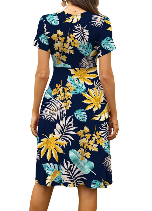 Casual  Short Sleeve V-Neck Floral Party Dress with Pockets