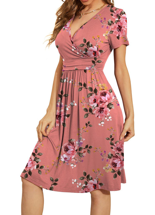 Casual  Short Sleeve V-Neck Floral Party Dress with Pockets