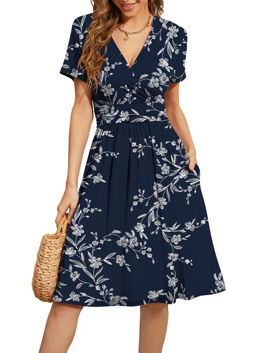 Casual  Short Sleeve V-Neck Floral Party Dress with Pockets