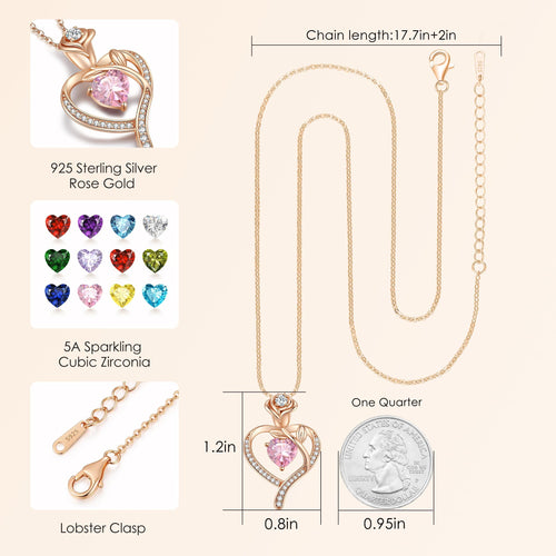 LOUISA SECRET Rose Flower Heart Birthstone Necklaces for Women, 925 Sterling Silver Fine Jewelry, Pendant Heart Necklaces Birthday Anniversary Christmas Gift for Women Wife Mom Girlfriend Lady