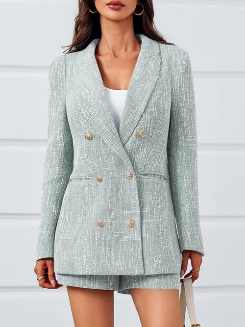 Cicy Bell  2 Piece Tweed Blazer Shorts Sets Long Sleeve Double Breasted Suit Jackets Business Outfit