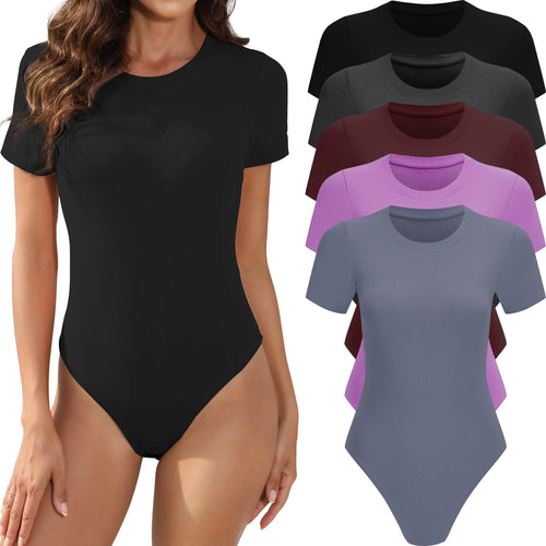 5 Pack Body Suits for Womens Short Sleeve Round Neck Casual Stretchy Basic T Shirt Bodysuit Tops