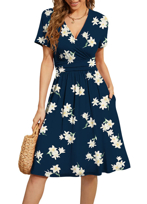 Casual  Short Sleeve V-Neck Floral Party Dress with Pockets