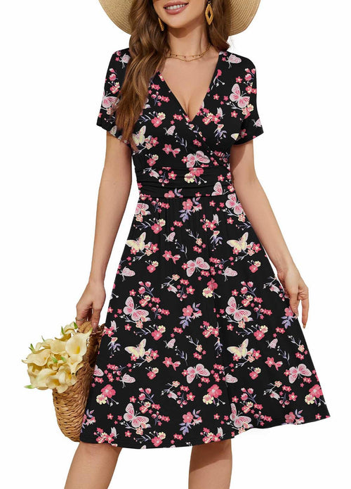 Casual  Short Sleeve V-Neck Floral Party Dress with Pockets