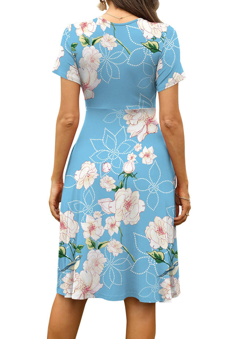 Casual  Short Sleeve V-Neck Floral Party Dress with Pockets