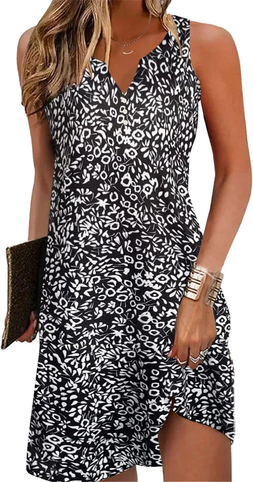 A-Line Elegant Vintage V-Neck Floral Printed Sleeveless