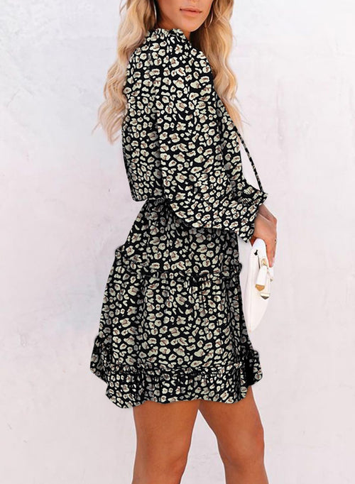 Floral Drawstring V Neck Smocked Long Sleeve Ruffle Tiered Chiffon