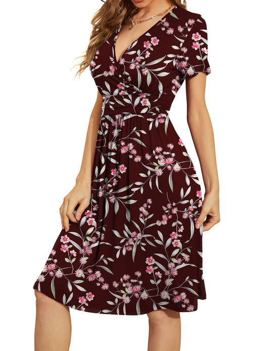 Casual  Short Sleeve V-Neck Floral Party Dress with Pockets