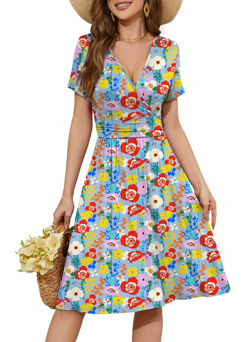 Casual  Short Sleeve V-Neck Floral Party Dress with Pockets