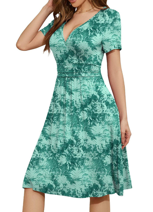 Casual  Short Sleeve V-Neck Floral Party Dress with Pockets