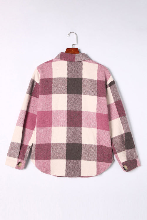 Grey Plaid Color Block Pockets Buttoned