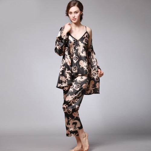 Dragon Robe Printed Silk Three-Piece Suit satin pajamas