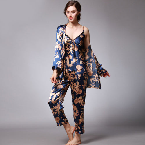 Dragon Robe Printed Silk Three-Piece Suit satin pajamas