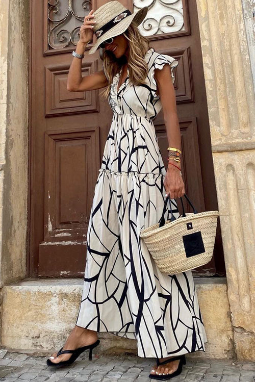 White Abstract Print V Neck Ruffle Maxi