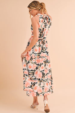 Black Knotted Halter Floral Print Ruffle Tiered Maxi Dress