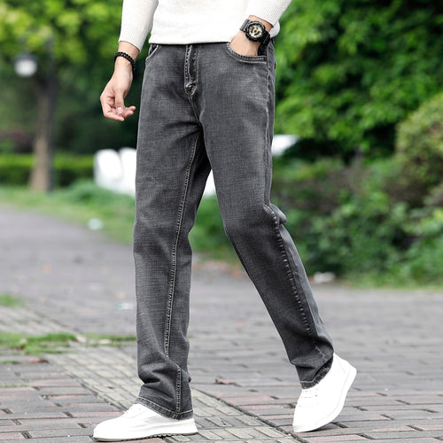 Merk Heren Grijze Casual Jeans Business Stretch Rechte Denim Broek Broek Mannelijke Plus Size