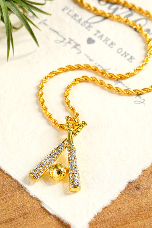 Gold Rhinestone Baseball Bat Pendant Necklace