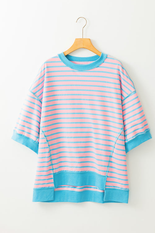 Sky Blue Stripe Contrast Drop Sleeve Loose