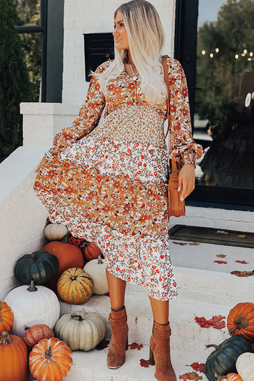 Khaki Floral Print Ruffled Tiered Long Sleeve V Neck Midi