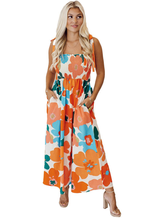 Orange 60s Floral Printed Shoulder Tie Smocked Maxi Dress