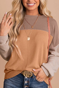 Khaki Color Block Long Sleeve Ribbed Loose