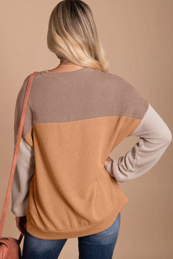 Khaki Color Block Long Sleeve Ribbed Loose