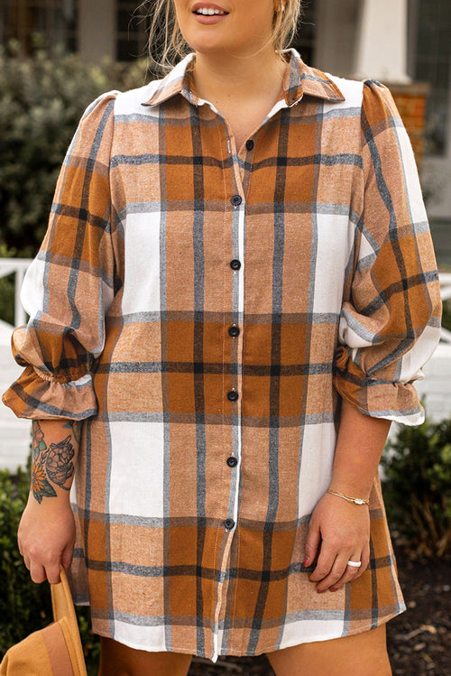 Khaki Plus Size Plaid Flounce Sleeve Button up