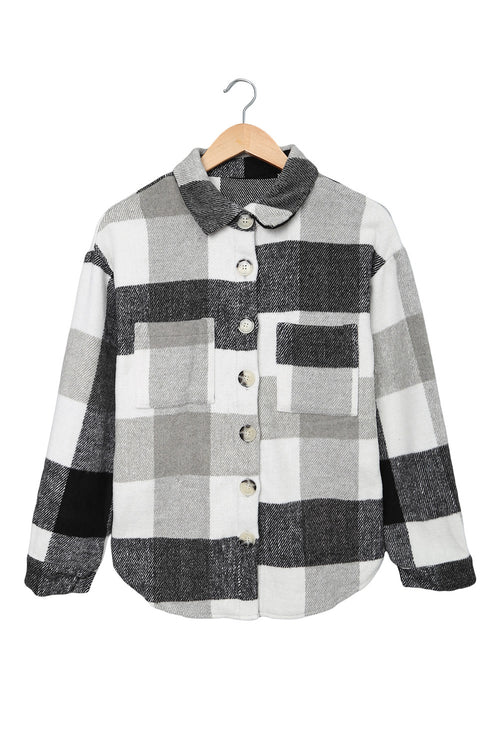 Grey Plaid Color Block Pockets Buttoned