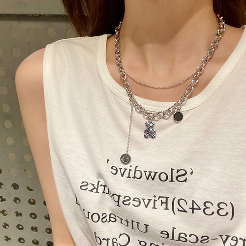 Double-layer Smiley Face Necklace Cool Trendy Street Girl Niche Personality Clavicle Chain Cold Wind Retro Necklace Sets
