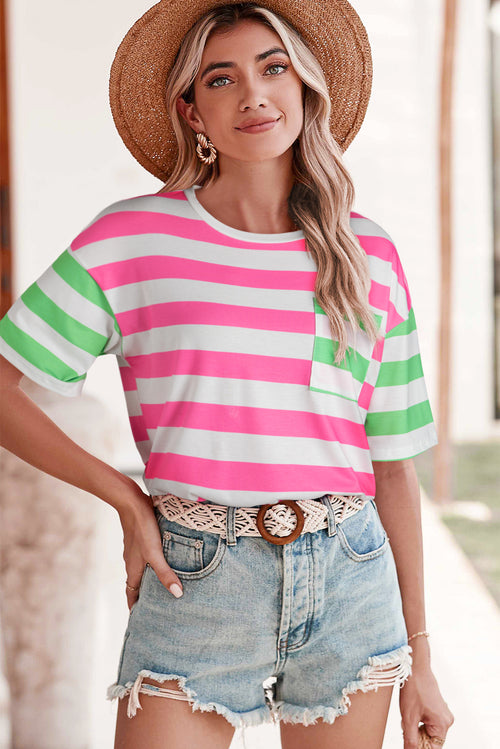 Pink Stripe Patch Pocket Drop Sleeve Slits