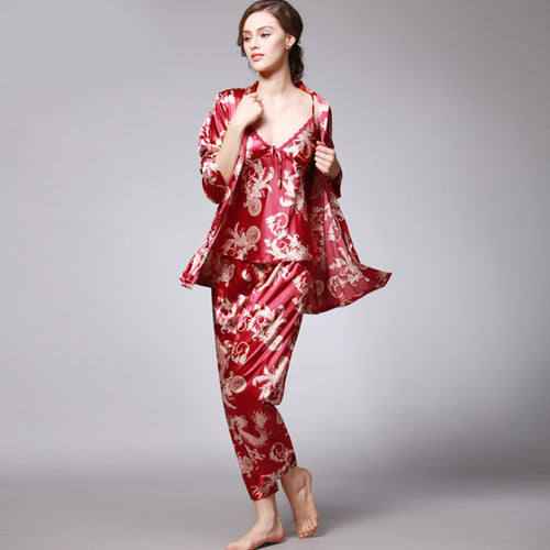 Dragon Robe Printed Silk Three-Piece Suit satin pajamas