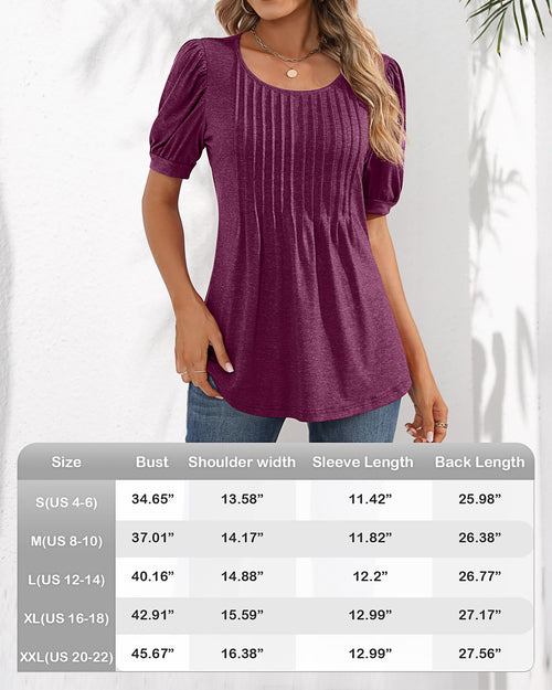 Puff Short Sleeve Tunic Pleated Crew Neck