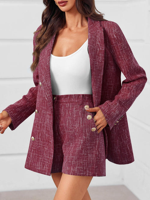 Cicy Bell  2 Piece Tweed Blazer Shorts Sets Long Sleeve Double Breasted Suit Jackets Business Outfit