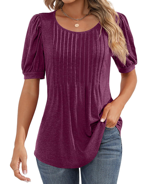 Puff Short Sleeve Tunic Pleated Crew Neck