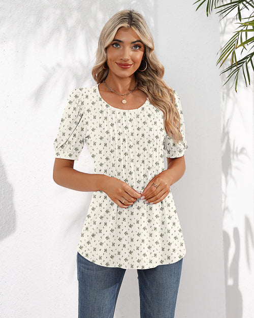 Puff Short Sleeve Tunic Pleated Crew Neck