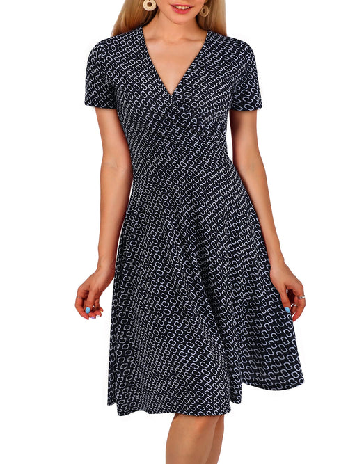 Short Sleeve V Neck Wrap Casual Midi