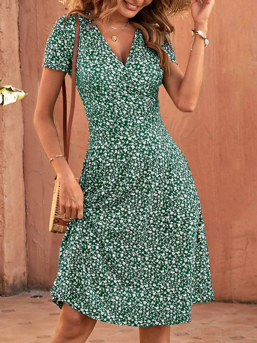 Short Sleeve V Neck Wrap Casual Midi