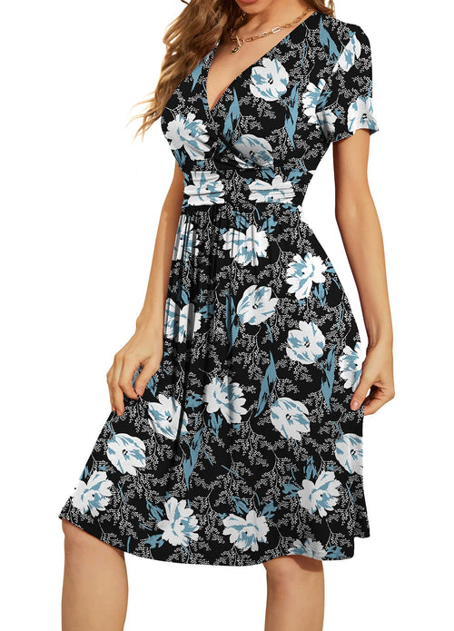 Casual  Short Sleeve V-Neck Floral Party Dress with Pockets