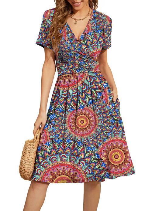 Casual  Short Sleeve V-Neck Floral Party Dress with Pockets