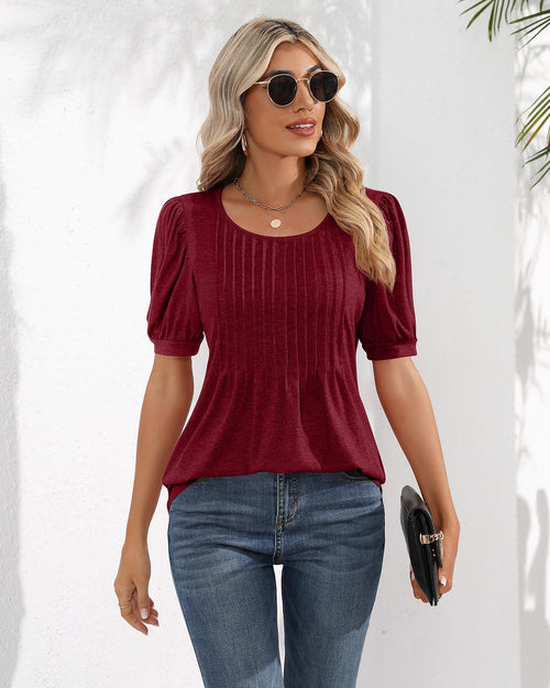 Puff Short Sleeve Tunic Pleated Crew Neck