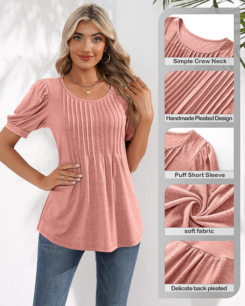 Puff Short Sleeve Tunic Pleated Crew Neck