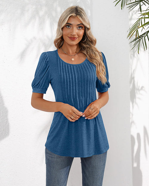 Puff Short Sleeve Tunic Pleated Crew Neck