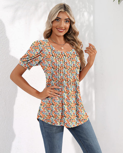 Puff Short Sleeve Tunic Pleated Crew Neck