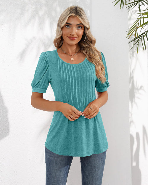 Puff Short Sleeve Tunic Pleated Crew Neck