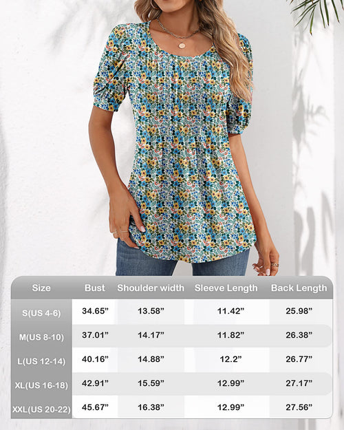 Puff Short Sleeve Tunic Pleated Crew Neck