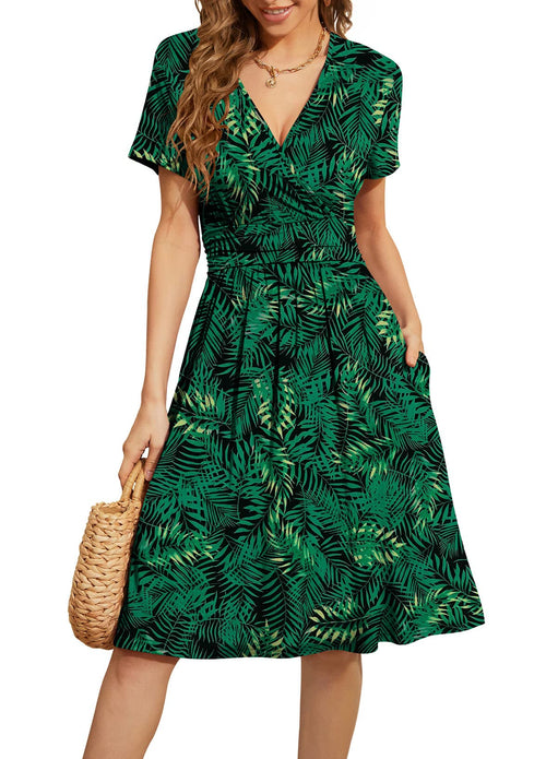 Casual  Short Sleeve V-Neck Floral Party Dress with Pockets