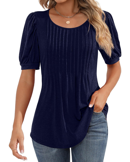 Puff Short Sleeve Tunic Pleated Crew Neck