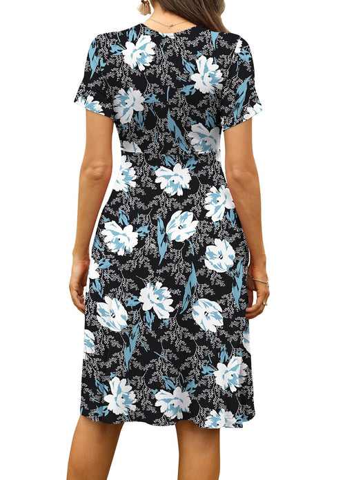 Casual  Short Sleeve V-Neck Floral Party Dress with Pockets